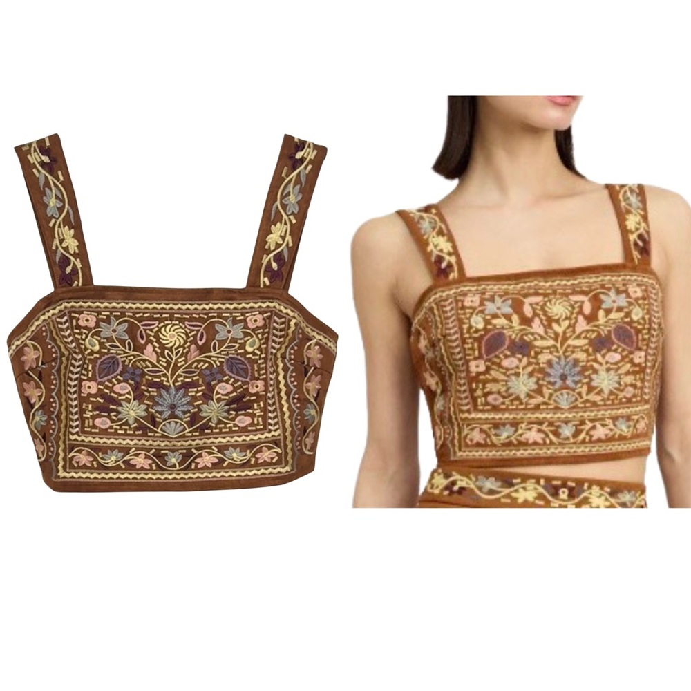 Jacquie The Label NWT Brown Embroidered Suede Nico Crop Top